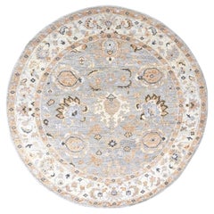 7'10"x8' Grey and Ivory, Hand Knotted Oushak Inspired Round Oriental Rug