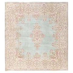 Tapis carré persan vintage de Kerman en pure laine, noué à la main, vert clair, 7'10" x 8'4"