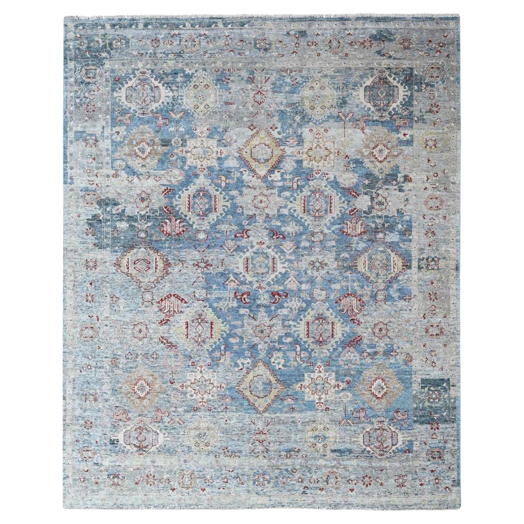7'10"x9'10" Blue Broken and Erased Zoroastrian Design Hand Knotted Pure Wool Rug For Sale