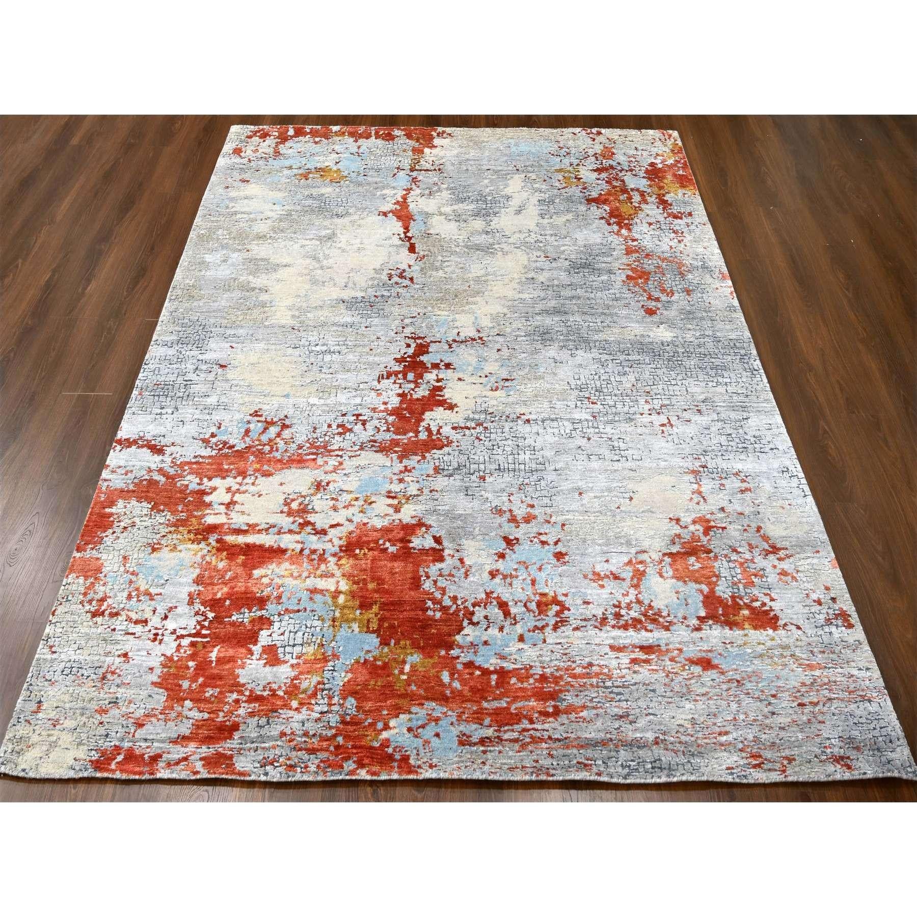 Dark Coral with Medium Gray, Abstract with Fire Mosaic Design, Densely Woven, Wool and Silk, Hand Knotted, Oriental Rug
Primary materials: Wool & Silk
Latex: No Pile 
height: 0.25 Inches
Style: Contemporary
Primary color: Orange
Secondary colors: