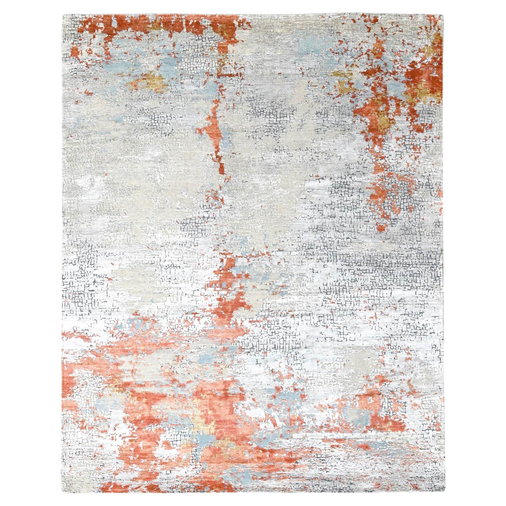 7'10"x9'10" Coral Abstract with Fire Mosaic Design Hand Knotted Wool & Silk Rug For Sale