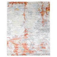 7'10"x9'10" Coral Abstract with Fire Mosaic Design Hand Knotted Wool & Silk Rug