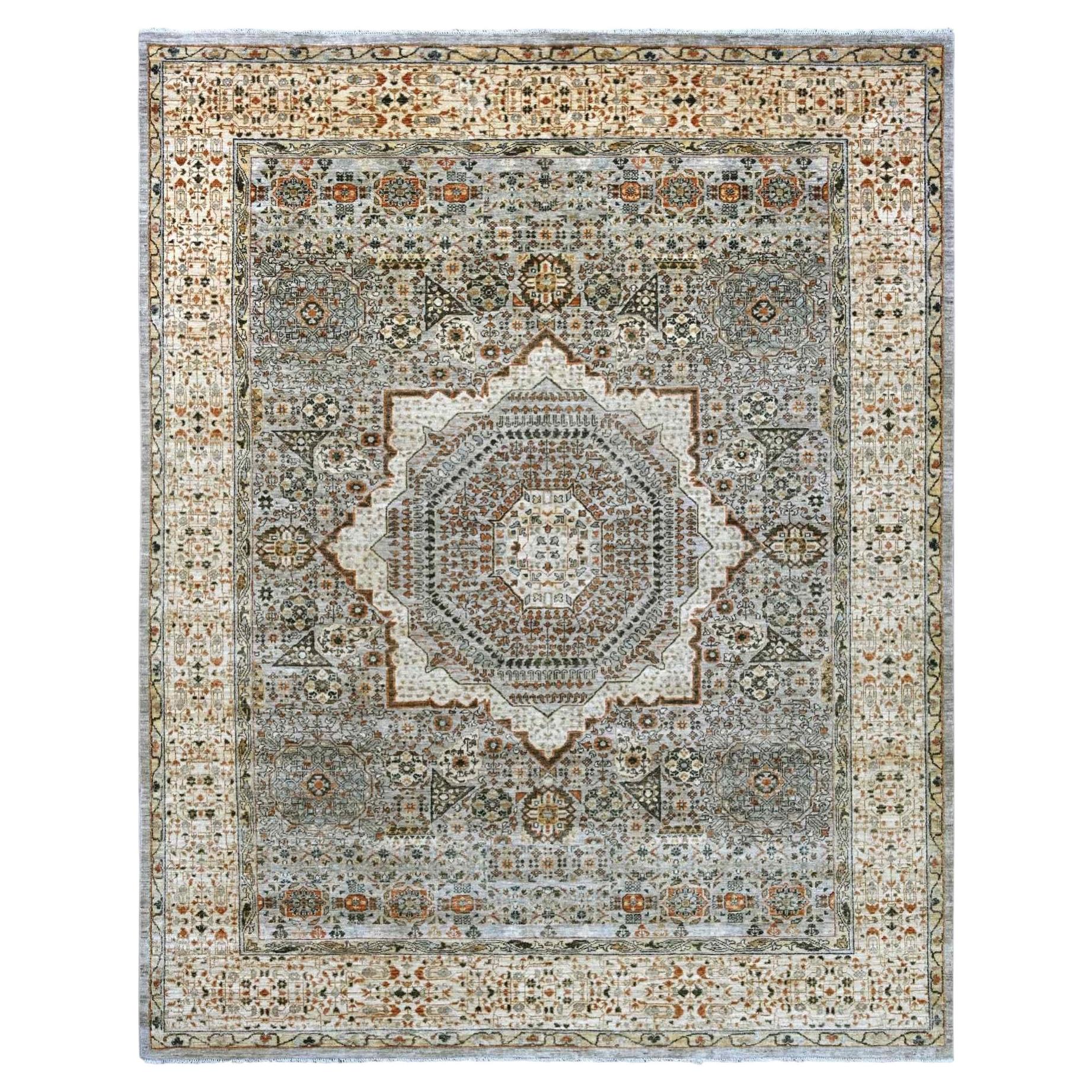 7'10"x9'10" Misty Gray 14th Century Mamluk Dynasty Pattern Hand Knotted Wool Rug For Sale