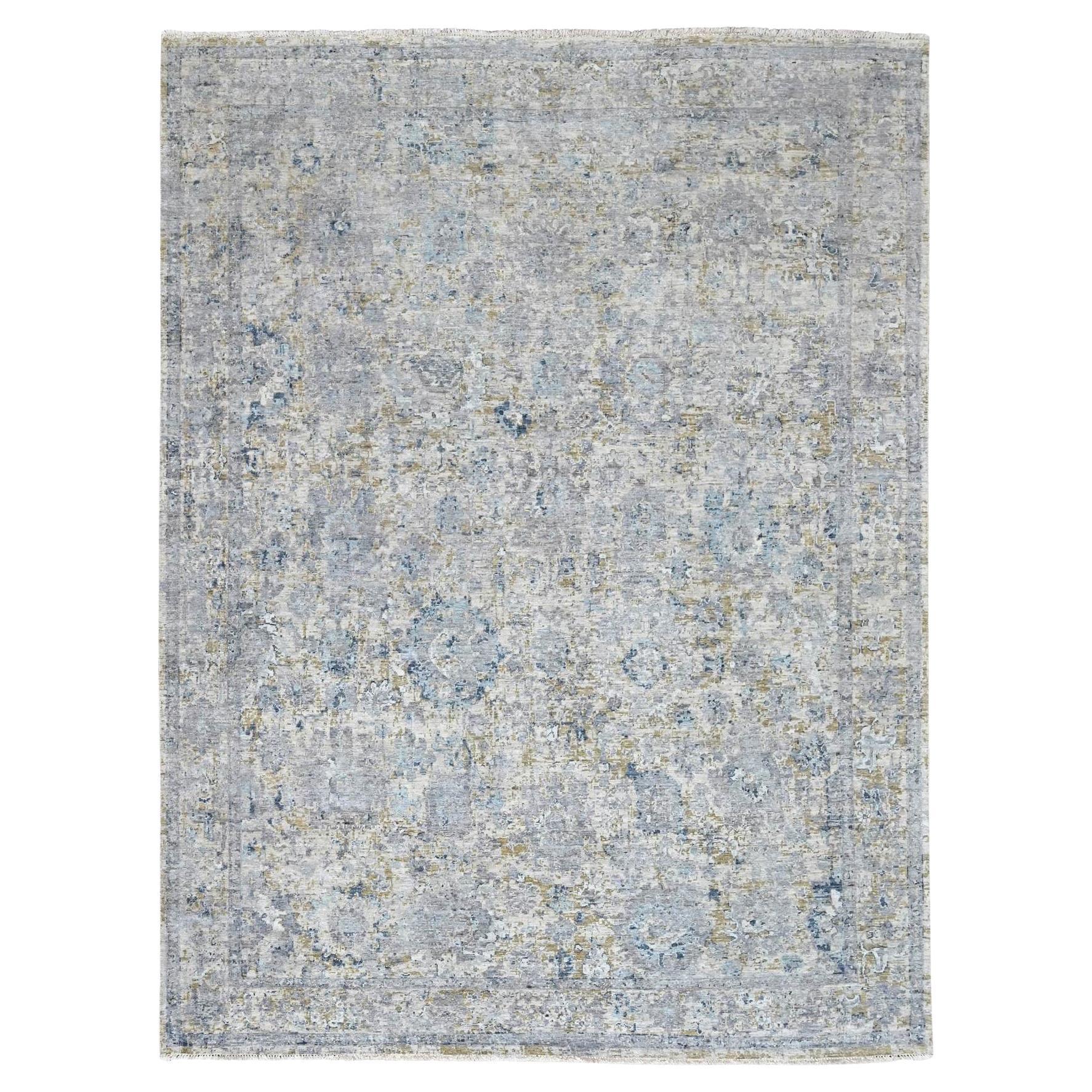 7'10 "x9'10" Pastellgrau Antik Tabriz Design Distressed Hand Knotted Wool Rug im Angebot
