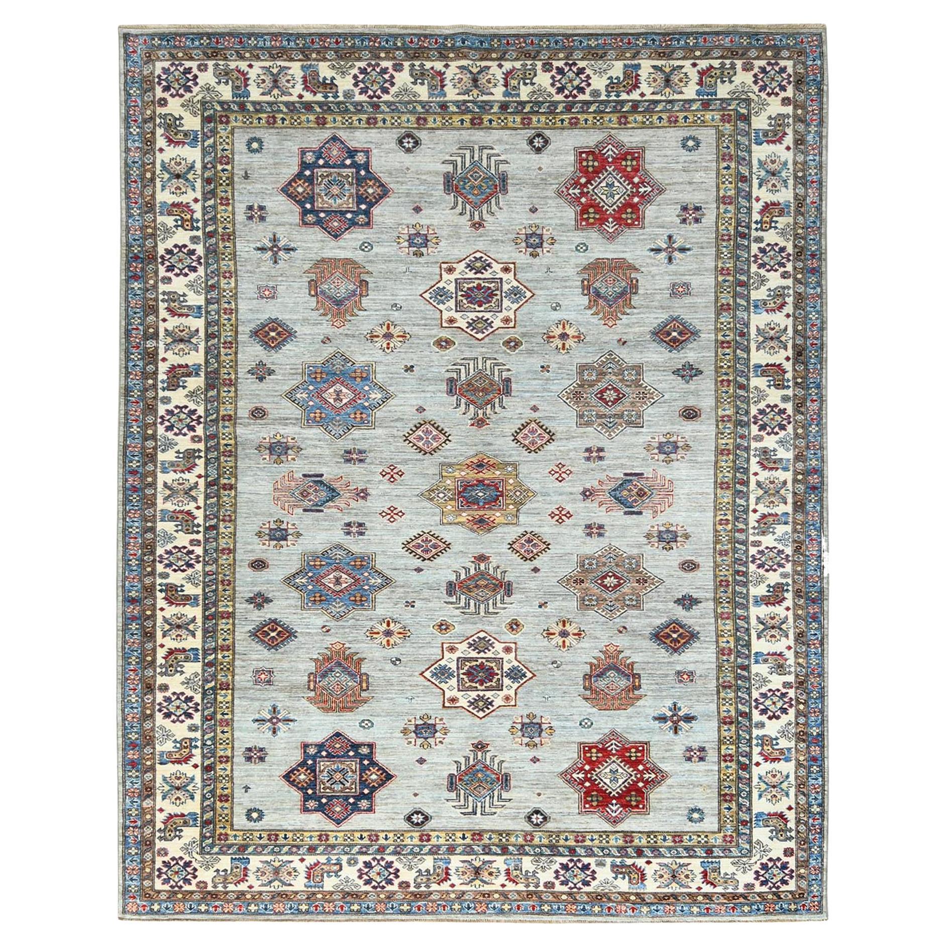 7'10"x9'10" Silver Blue Afghan Super Kazak Pure Wool Hand Knotted Oriental Rug For Sale