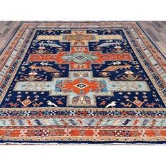7'10"x9'4" Sailor Blue Hand Knotted Armenian Inspired Design Oriental Rug