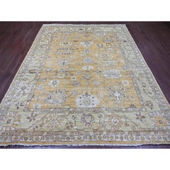 7'10"x9'5" Golden Brown Angora Oushak Leaf Design Hand Knotted Pure Wool Rug