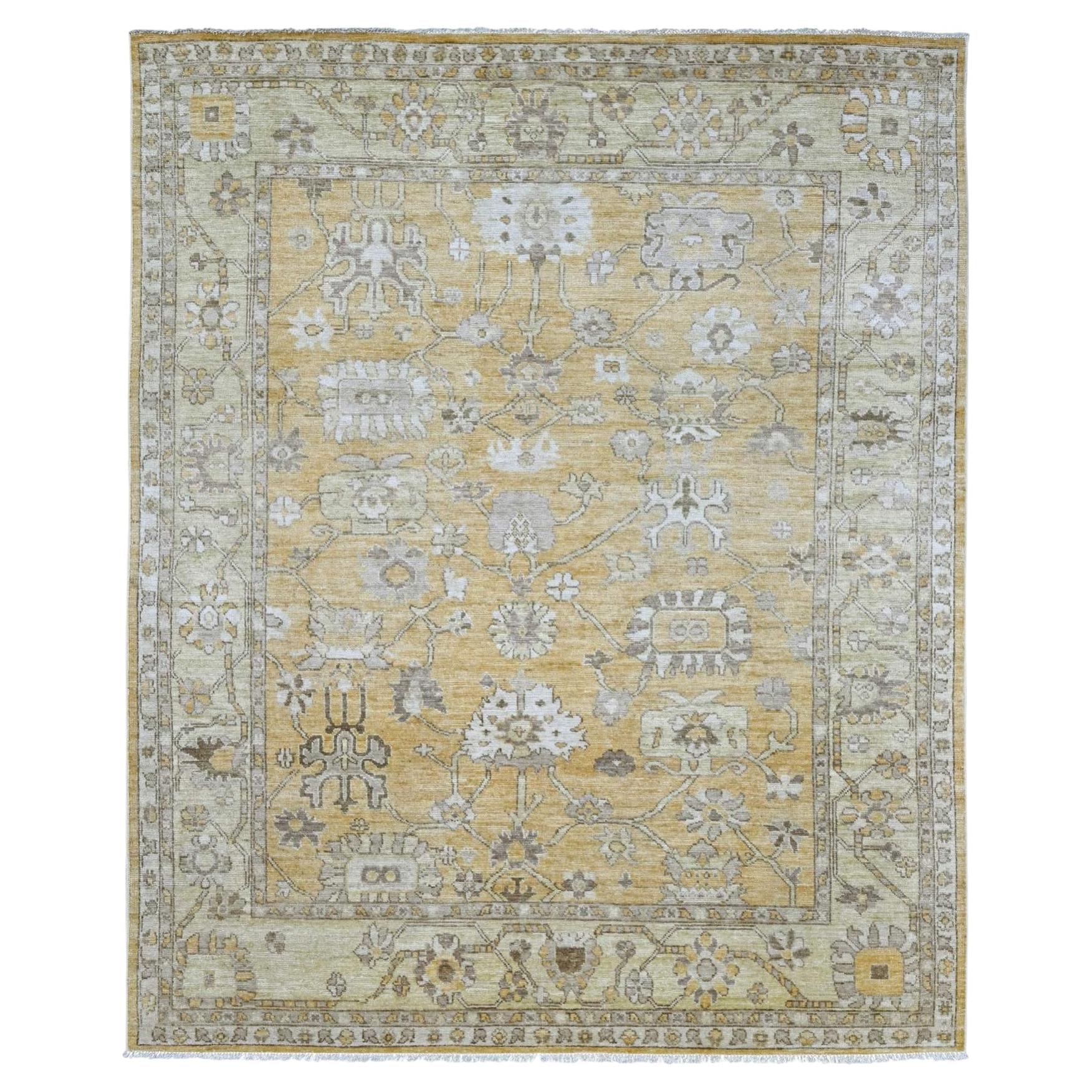 7'10 "x9'5" Golden Brown Angora Oushak Leaf Design Hand Knotted Pure Wool Rug