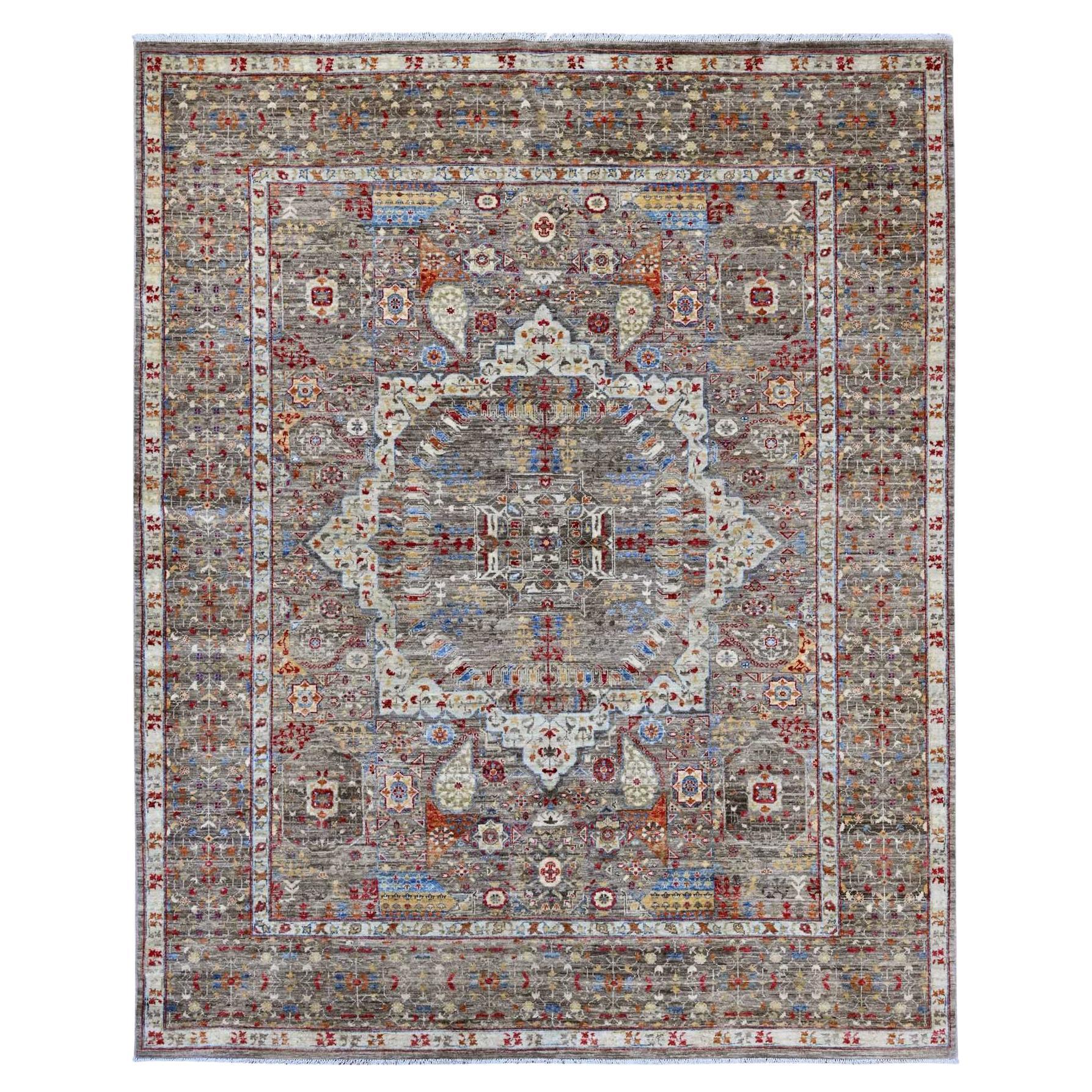 7'10 "x9'6" Brown 14ème siècle Dynasty Pattern Hand Knotsted Pure Wool Rugs
