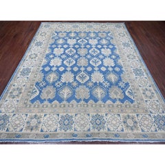 7'10"x9'7" Blue Vintage Look Kazak with Tribal Motifs Hand Knotted Pure Wool Rug