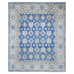 7'10"x9'7" Blue Vintage Look Kazak with Tribal Motifs Hand Knotted Pure Wool Rug
