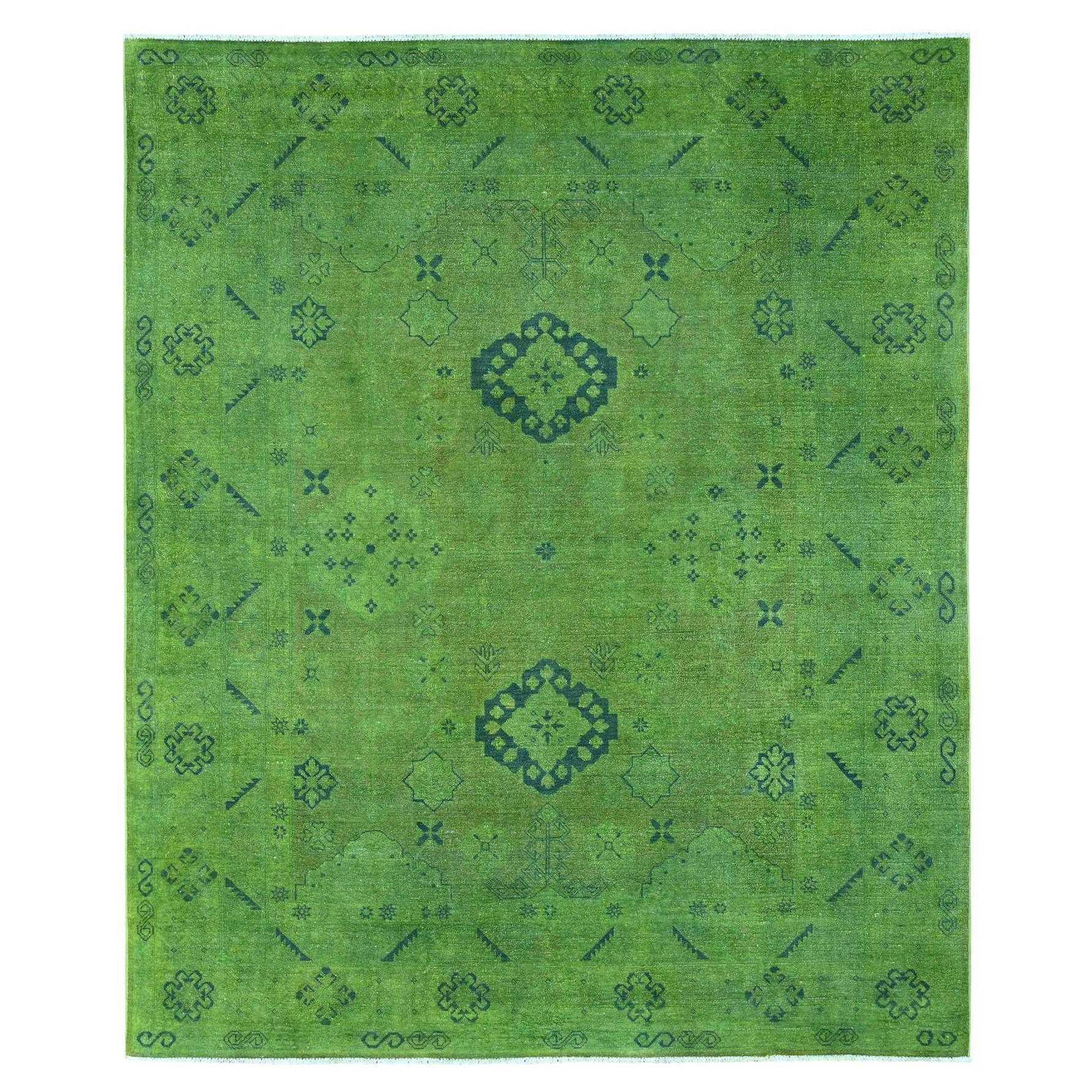 7'10 "x9'7" Emerald Green Overdyed Kazak Geometric Pattern Tapis de laine noué à la main