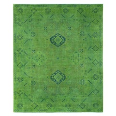 7'10 "x9'7" Alfombra de lana anudada a mano con diseño geométrico Kazak teñida de verde esmeralda