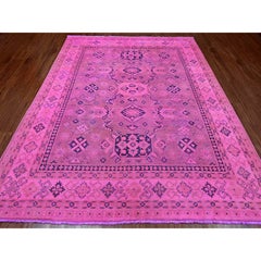 7'10"x9'7" Fuscia Pink Overdyed Kazak Medallions Design Wool Hand Knotted Rug
