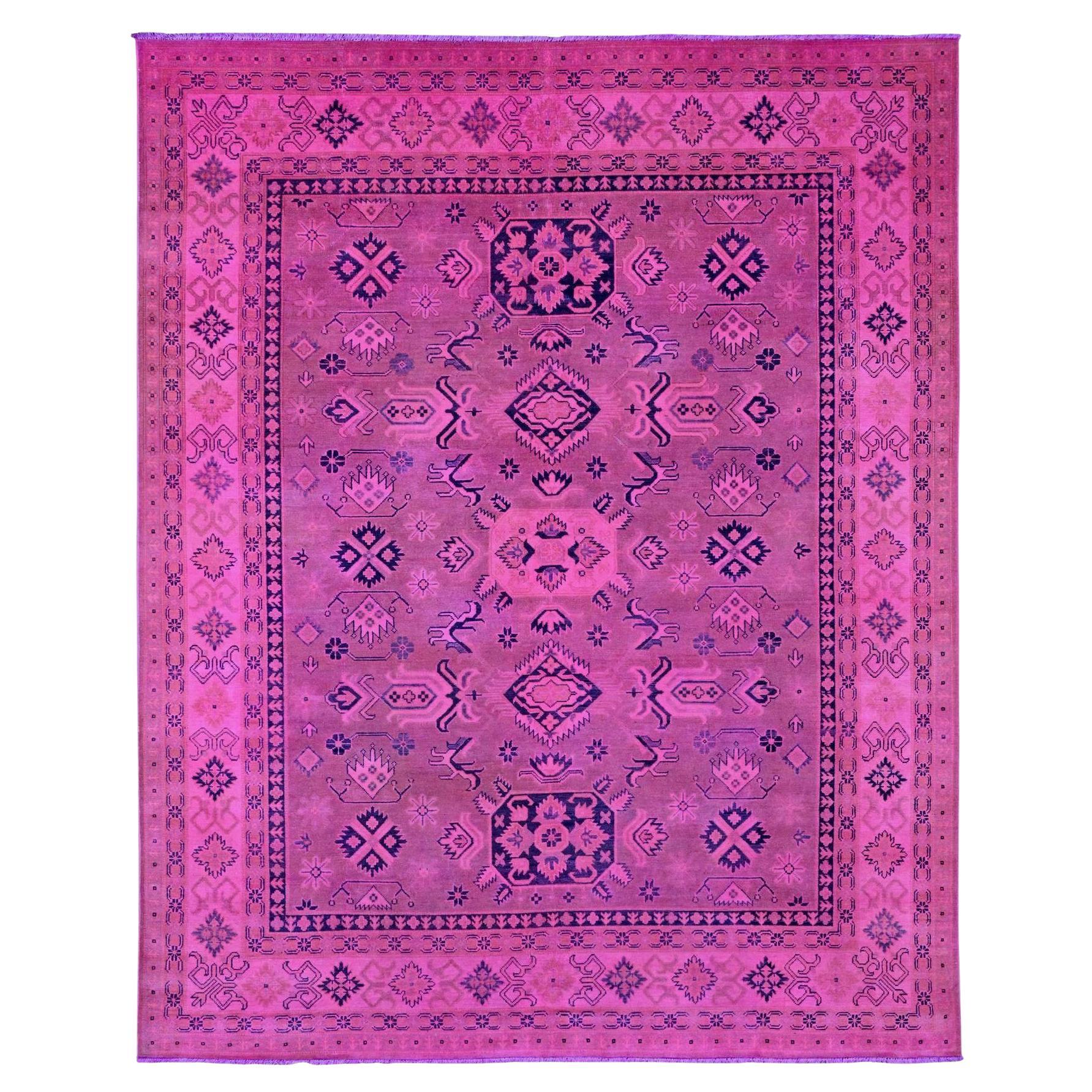 7'10"x9'7" Fuscia Pink Overdyed Kazak Medallions Design Wool Hand Knotted Rug