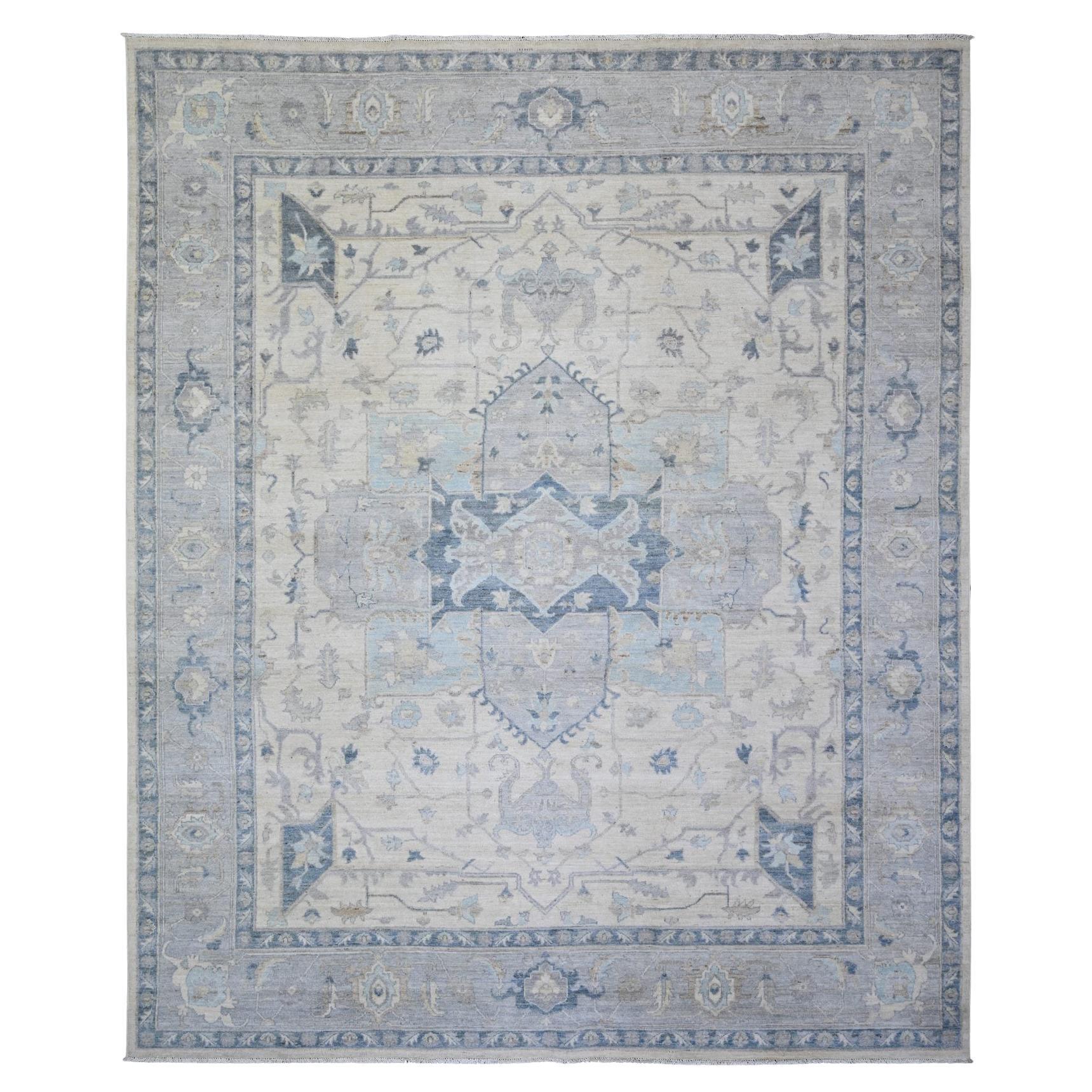 7'10"x9'7" Ivory, Stone Washed Peshawar, Organic Wool Hand Knotted Rug