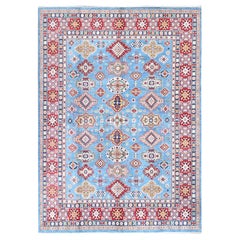 7'10 "x9'8" Kazak blu con disegno di medaglioni tribali annodato a mano in lana morbida