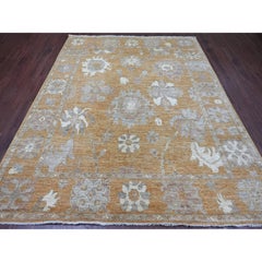 7'10"x9'8" Golden Brown Afghan Angora Oushak Hand Knotted Pure Wool Oriental Rug