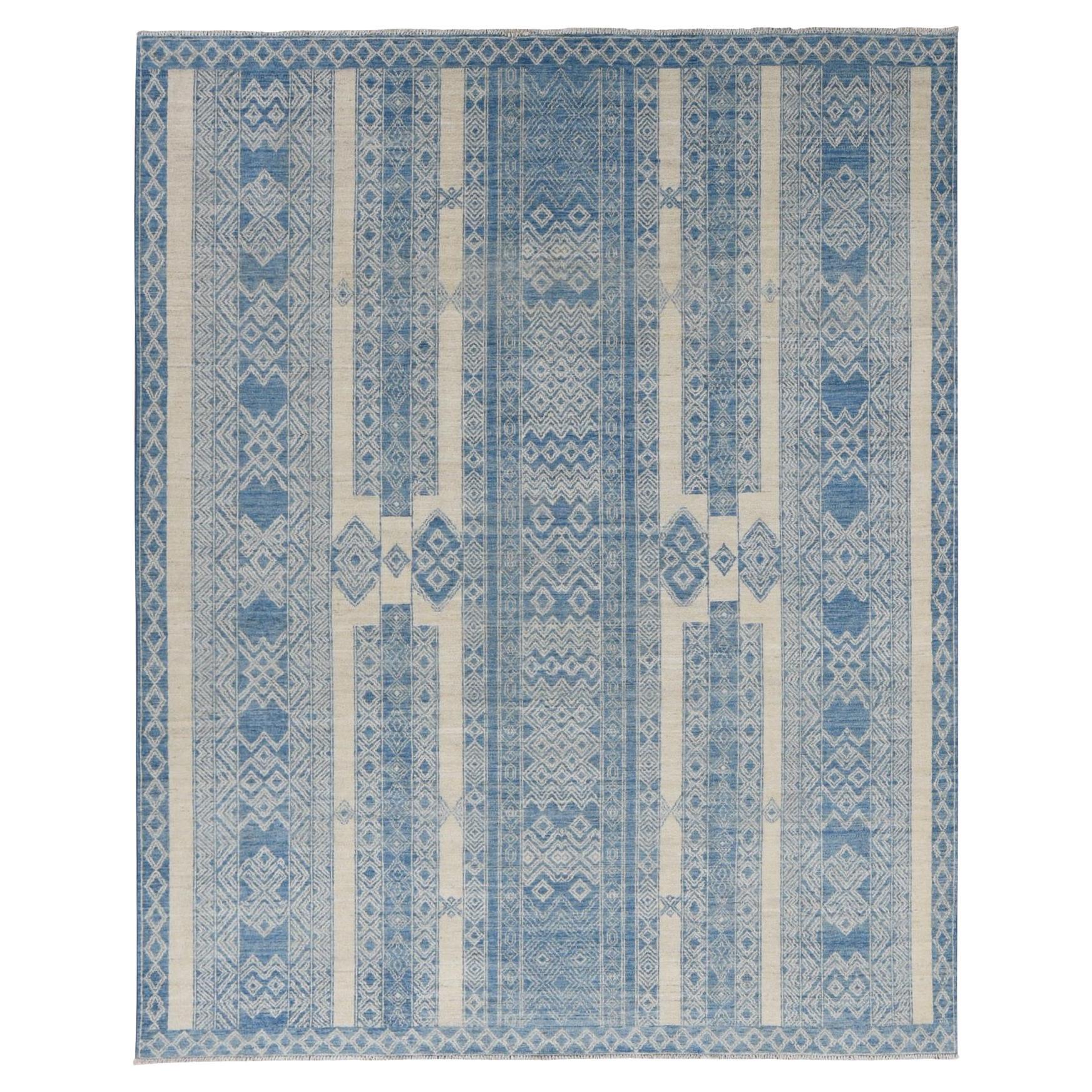 7'10 "x9'8" Blu Zaffiro Medio, Pura Lana, Tappeto Fine Peshawar Annodato a Mano in vendita