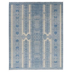 7'10 "x9'8" Blu Zaffiro Medio, Pura Lana, Tappeto Fine Peshawar Annodato a Mano