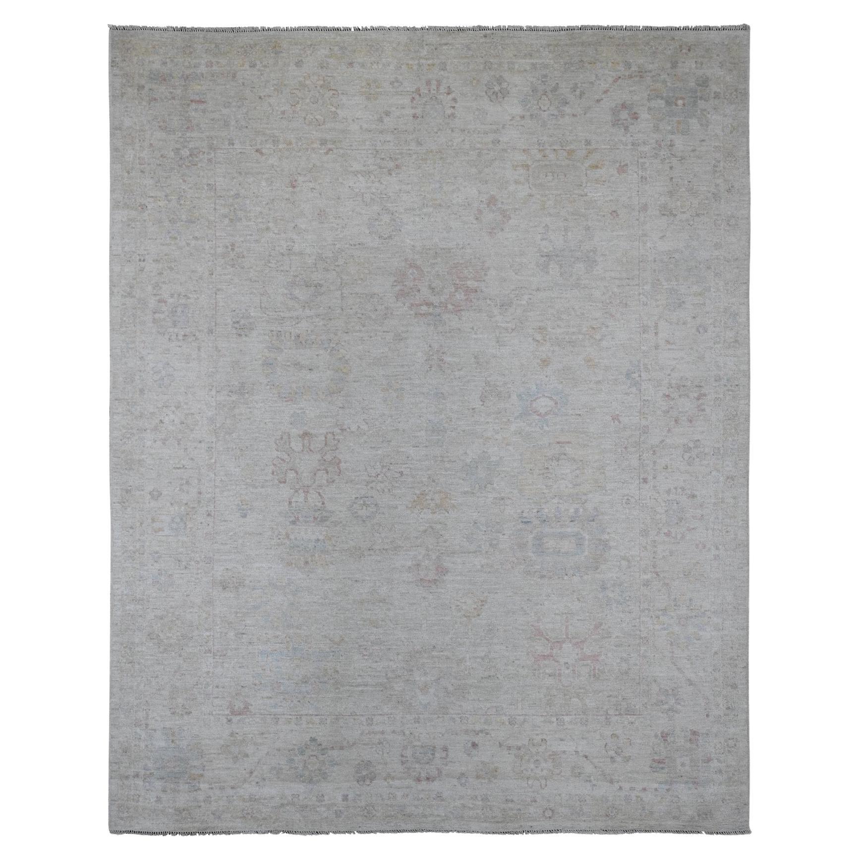 7'10"x9'8" Oyster Gray Hand Knotted Afghan Angora Oushak Pure Wool Oriental Rug