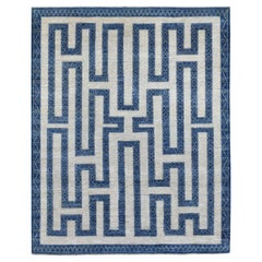 7'10 "x9'9" Alfombra anudada a mano de lana azul brillante con diseño de laberinto e influencia bereber