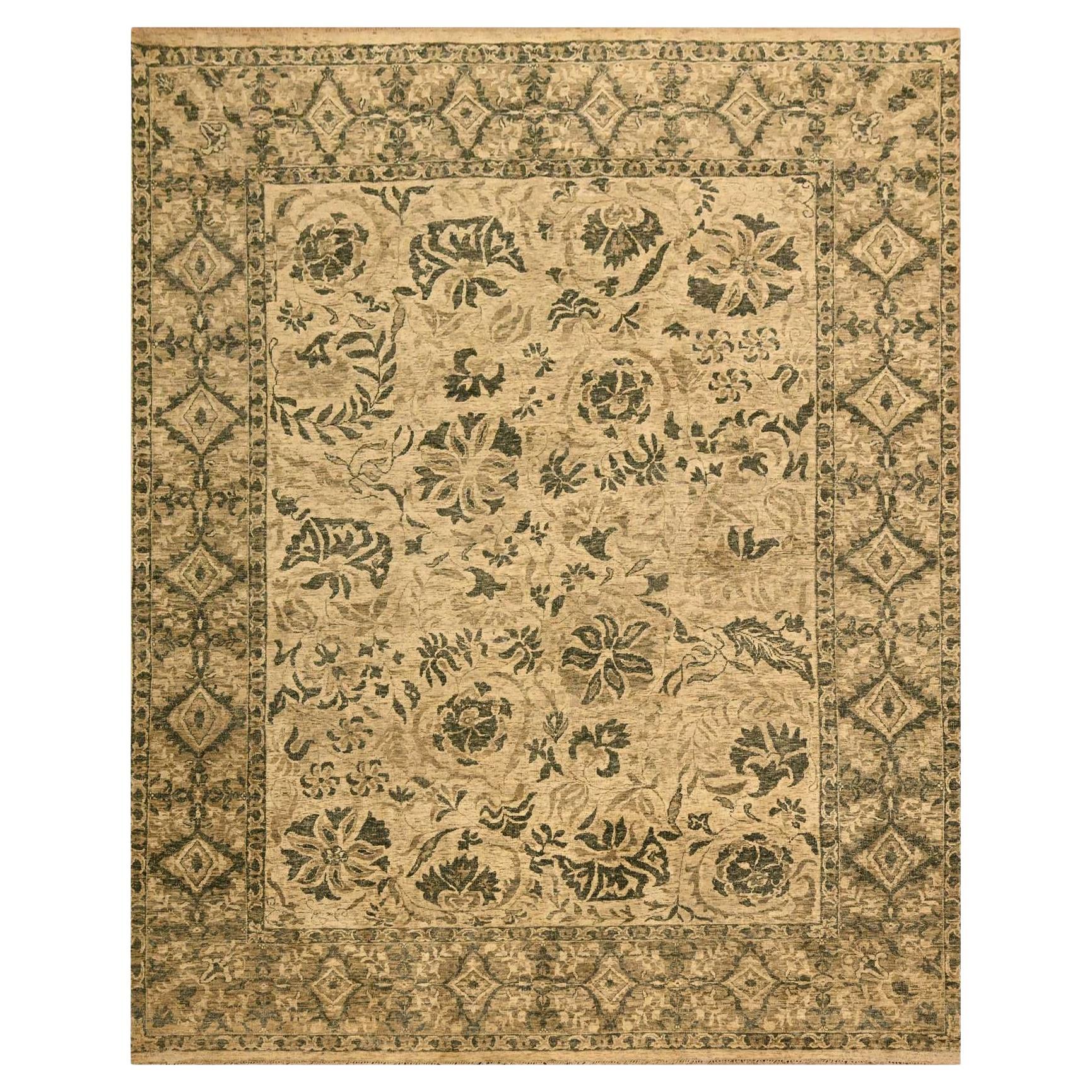 7
10 "x9
9" Alfombra anudada a mano de lana natural sin teñir con diseño de hojas por toda la superficie marrón