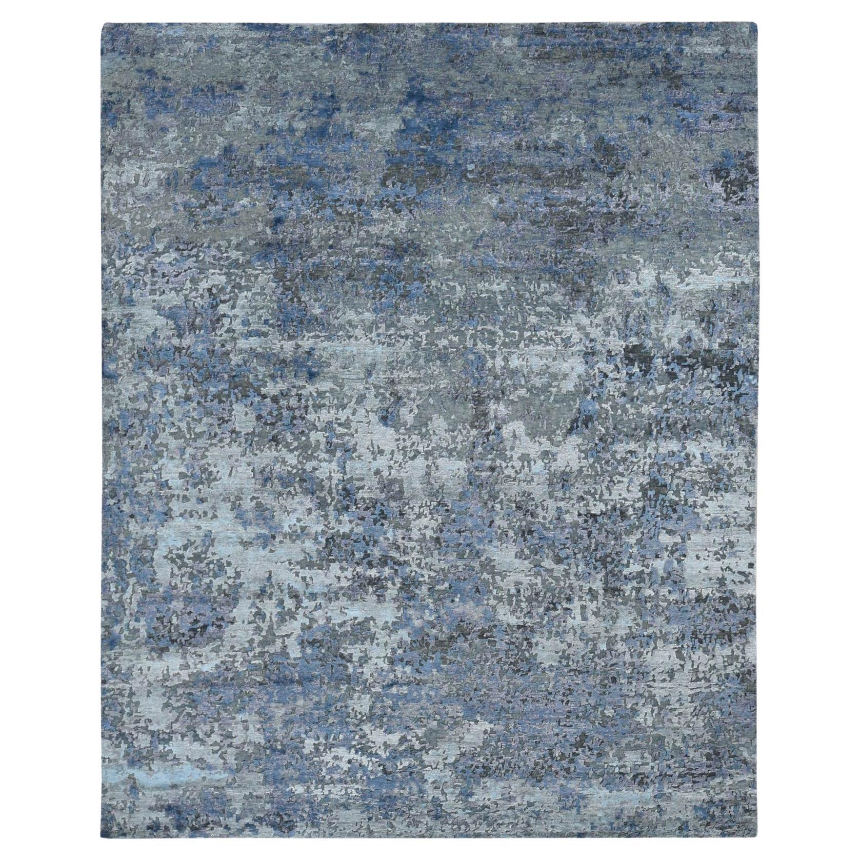 7'10 "x9'9" Alfombra anudada a mano de lana y seda con diseño abstracto moderno gris