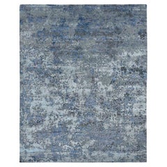 7'10 "x9'9" Alfombra anudada a mano de lana y seda con diseño abstracto moderno gris