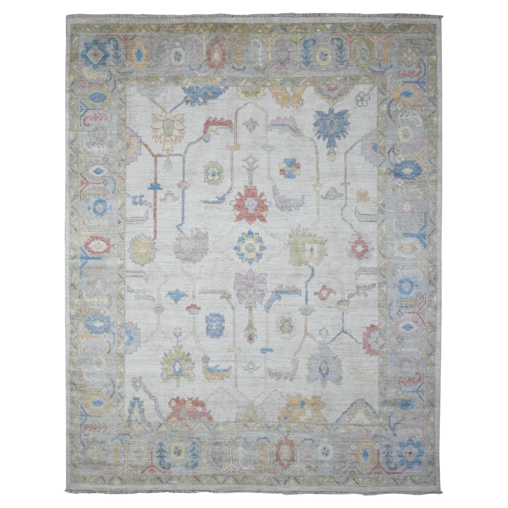 7
10 "x9
9" Gris Plata Alfombra Oriental Afgana Anudada a Mano Trama de Lana Angora Oushak