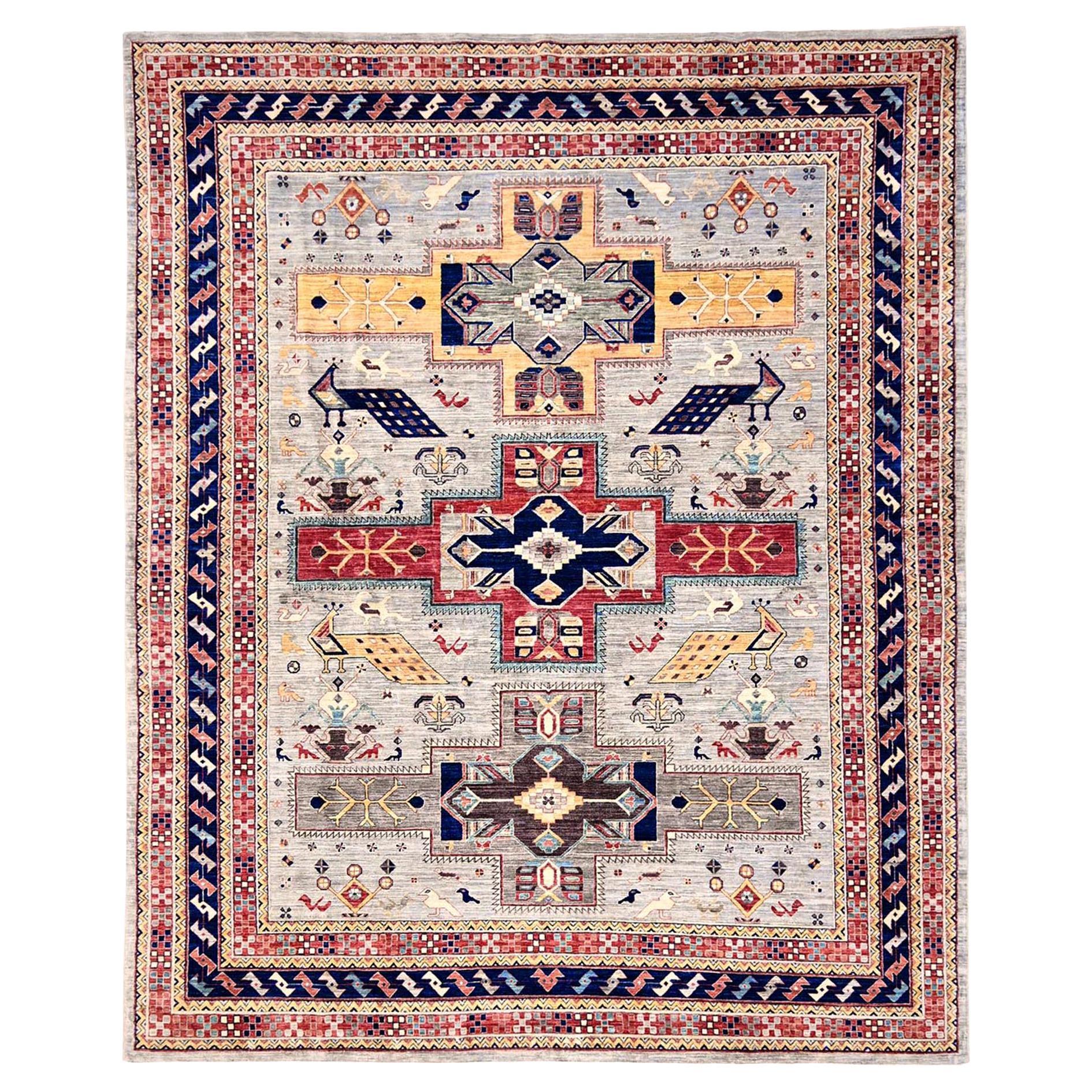 7
10 "x9
9" Spanish Gray Armenisch Inspiriert Kaukasisch Design Wolle Handgeknüpft Teppich