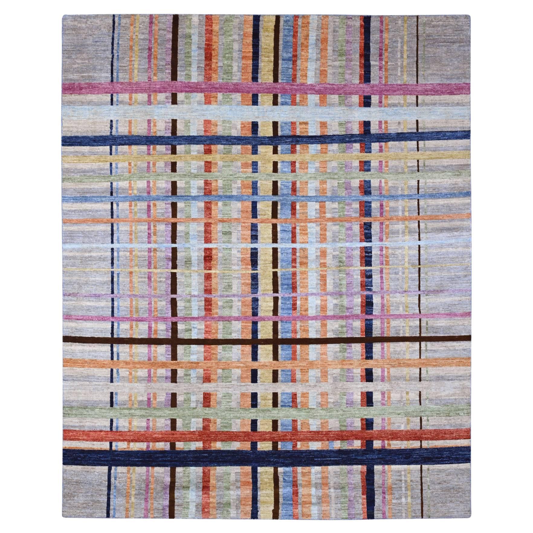 7'10 "x9'9" Spanish Gray Criss Cross Colorful Line Design Rugs annodato a mano in lana in vendita