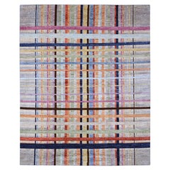7'10 "x9'9" Spanish Gray Criss Cross Colorful Line Design Rugs annodato a mano in lana