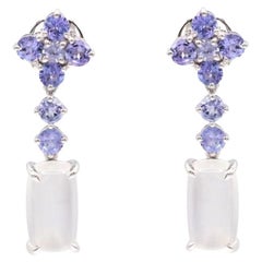 Boucles d'oreilles en goutte en or blanc 18 carats avec tanzanite et pierre de lune baguette de 7,11 carats