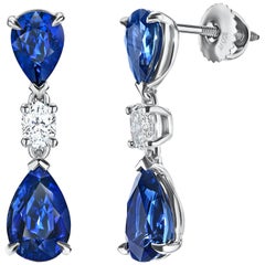 7.11 Carat Blue Sapphire Pear Shape and Diamond Earrings