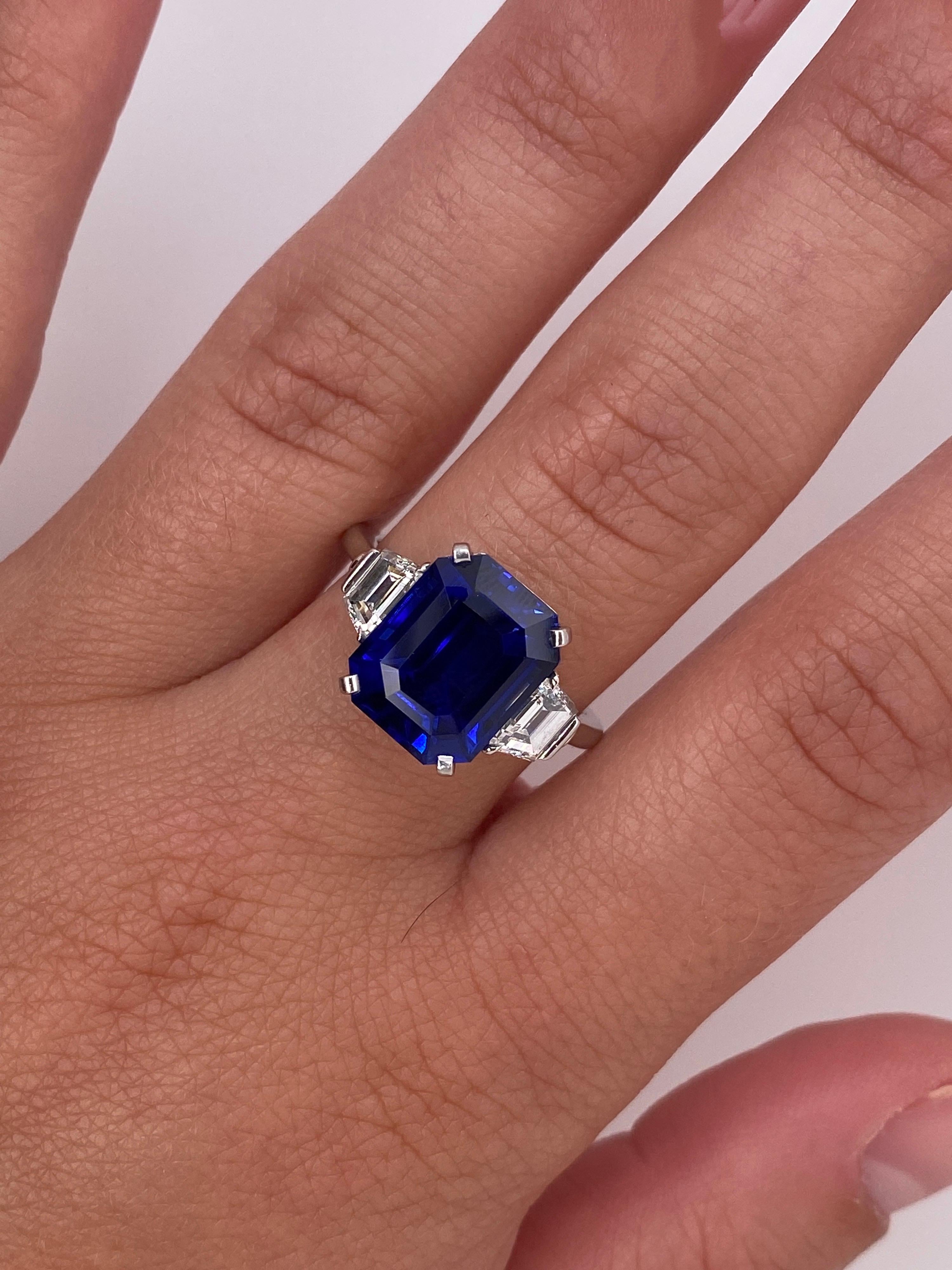 Contemporary 7.11 Carat Emerald Cut Blue Sapphire and Diamond Ring