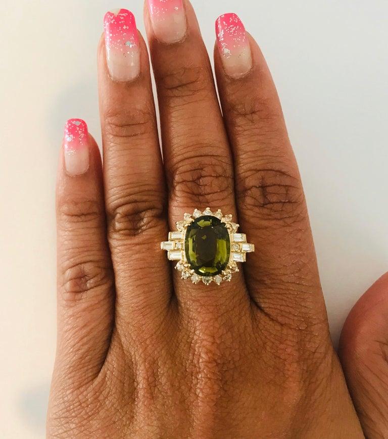 Contemporary 7.11 Carat Olive Green Tourmaline Diamond 14 Karat Yellow Gold Cocktail Ring For Sale