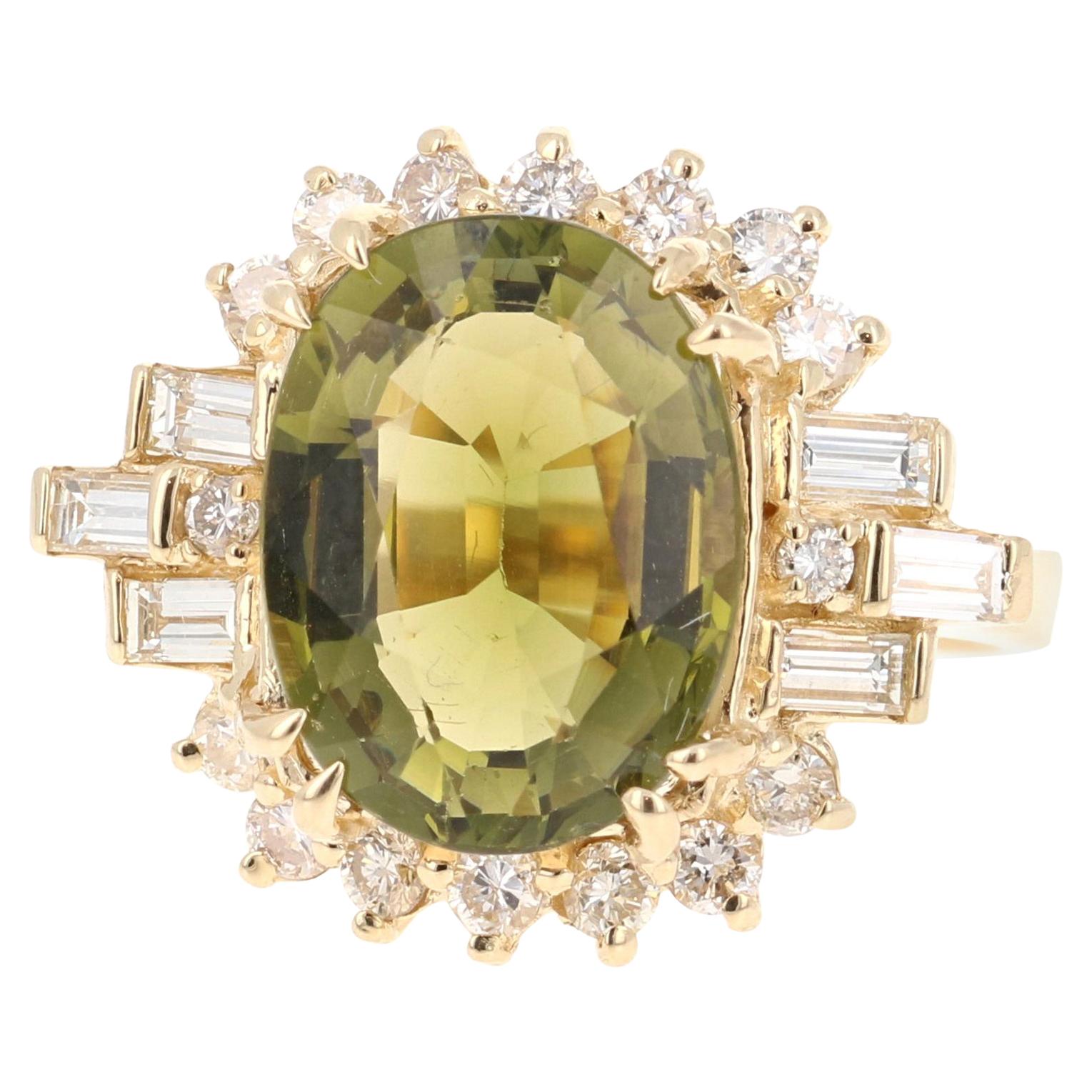 7,11 Karat olivgrüner Turmalin Diamant 14 Karat Gelbgold Cocktail-Ring