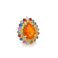 7.11 Carat Pear Cut Natural Fire Opal Sapphire Yellow Gold Cocktail Ring