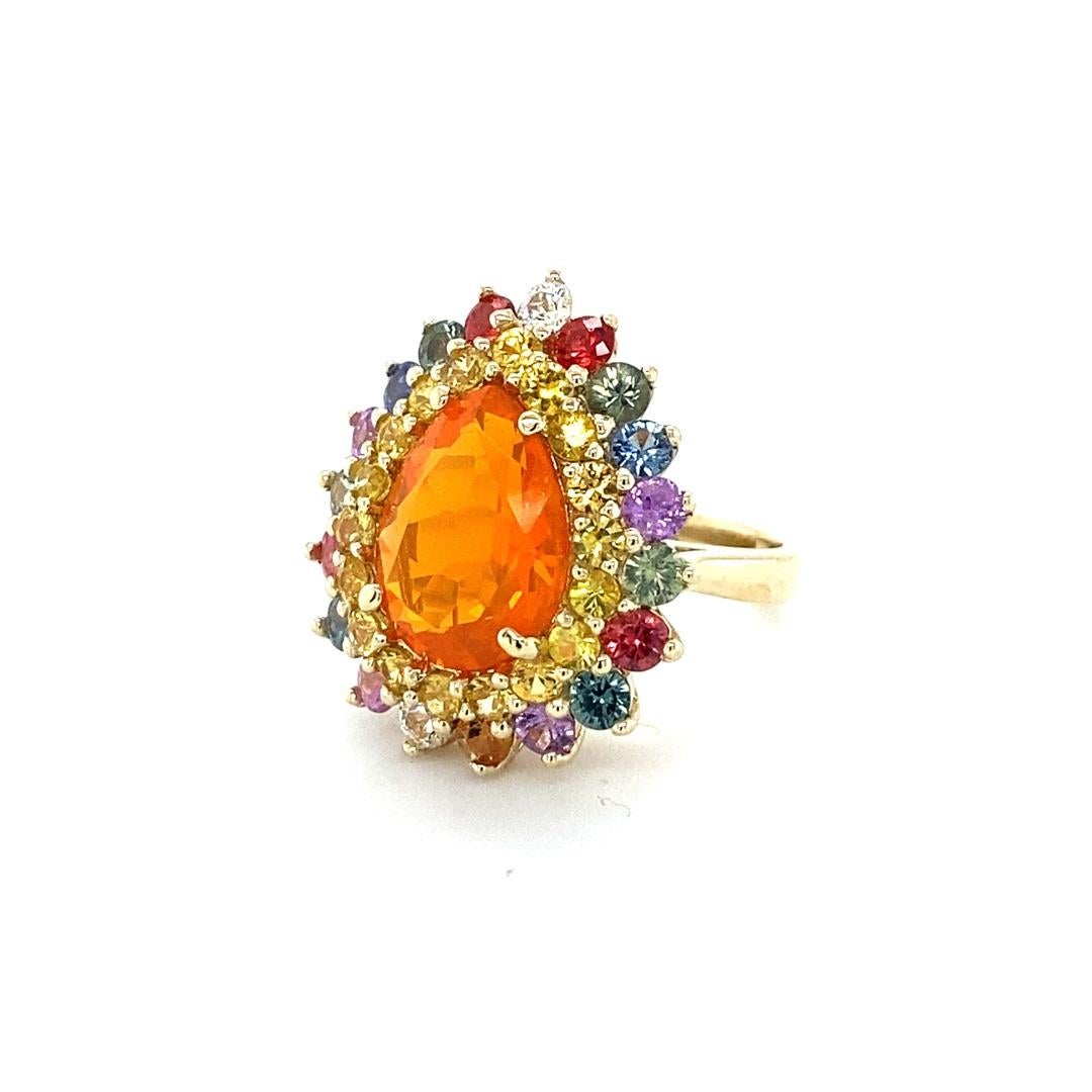 7.11 Carat Pear Cut Natural Fire Opal Sapphire Yellow Gold Cocktail Ring In New Condition For Sale In Los Angeles, CA