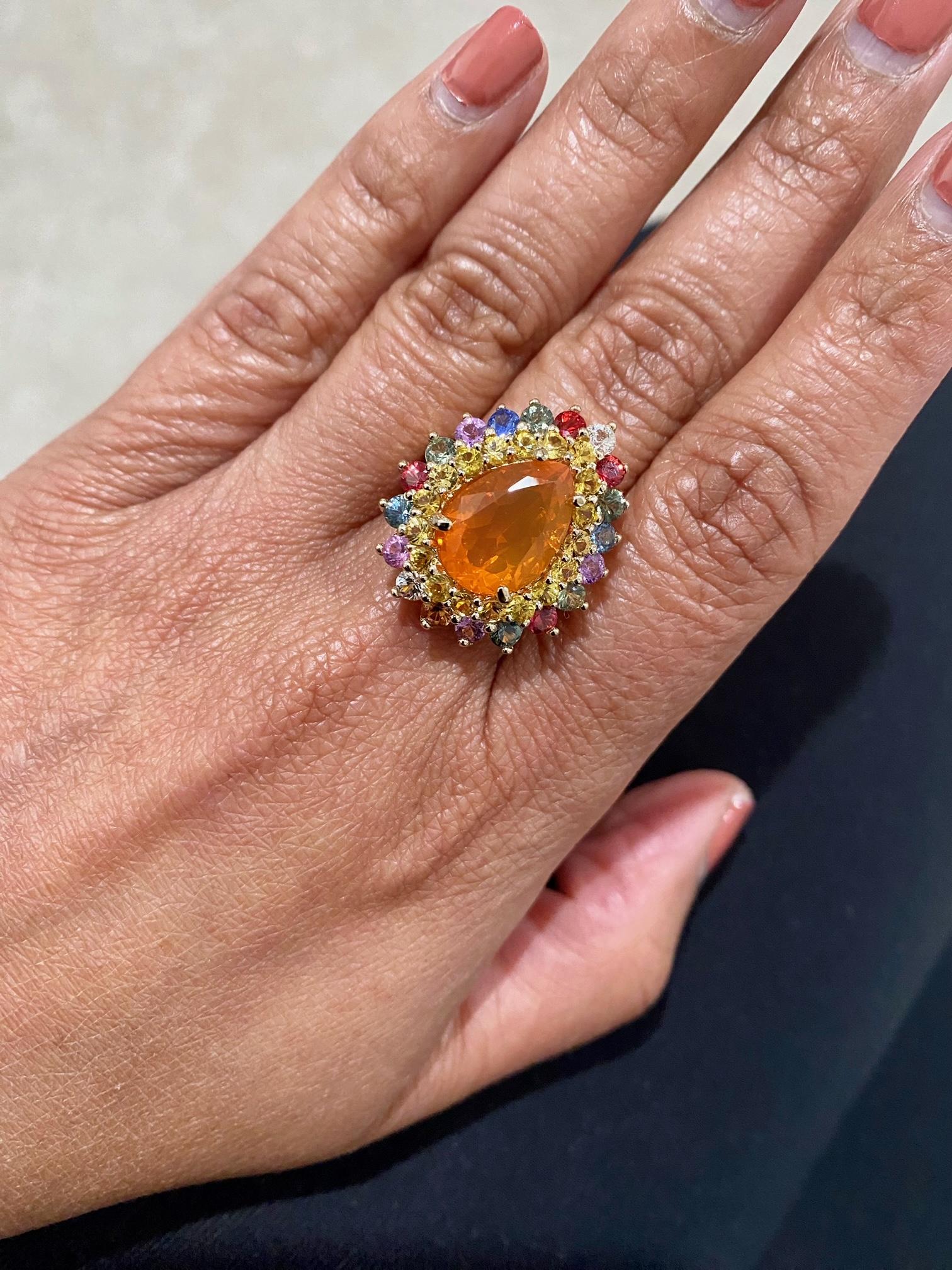 Women's 7.11 Carat Pear Cut Natural Fire Opal Sapphire Yellow Gold Cocktail Ring For Sale