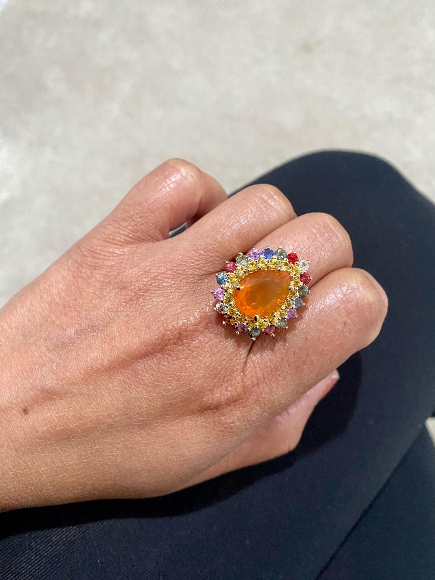 7.11 Carat Pear Cut Natural Fire Opal Sapphire Yellow Gold Cocktail Ring For Sale 1
