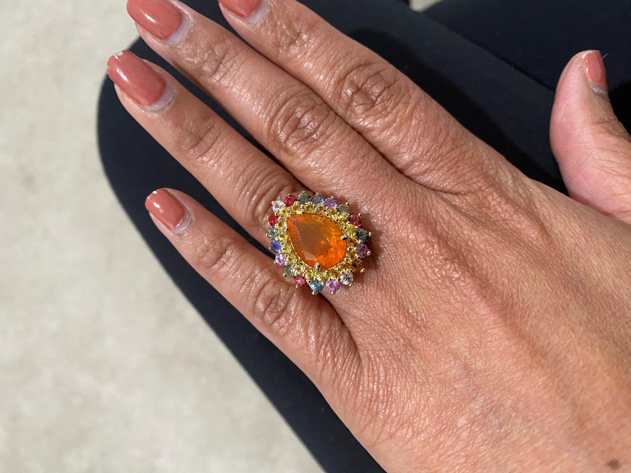 7.11 Carat Pear Cut Natural Fire Opal Sapphire Yellow Gold Cocktail Ring For Sale 2