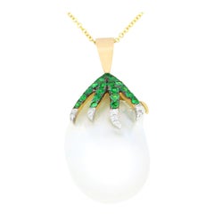 White Pearl Natural Emerald White Diamond Pendant Necklace Chain 14K White Gold