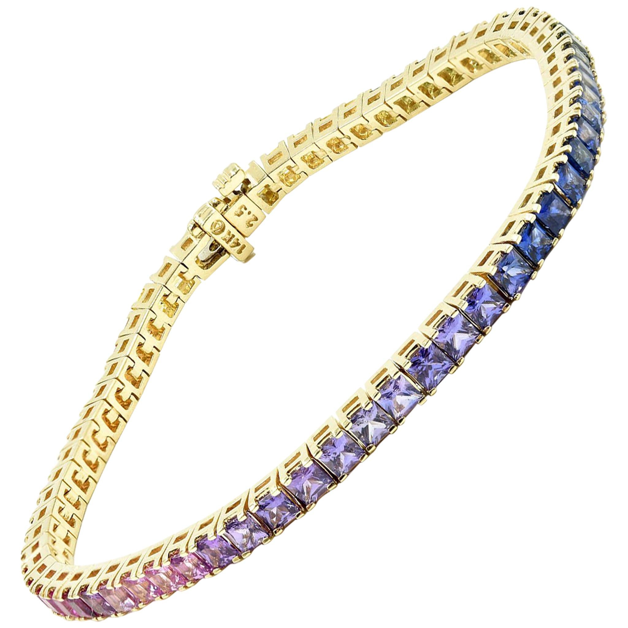 7.11 Carat Rainbow Princess Cut Sapphire 14 Karat Yellow Gold Bracelet