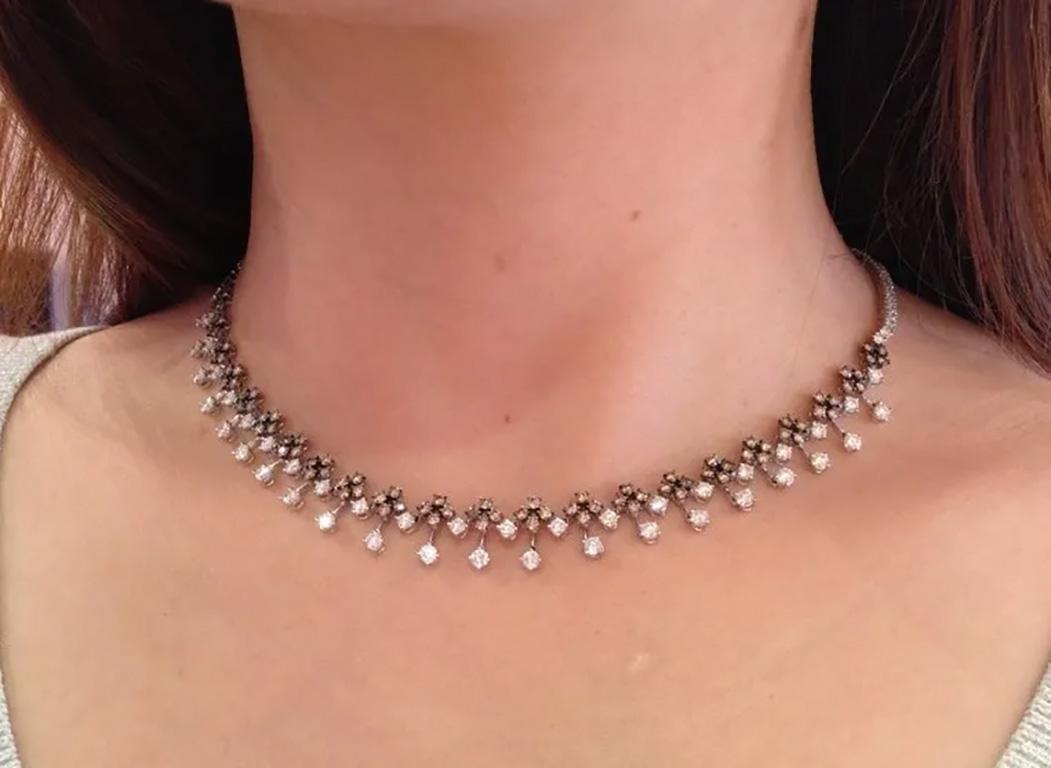 7.11 Carat Total Weight Brown and White Diamond Choker Necklace 18k White Gold In Excellent Condition For Sale In La Jolla, CA