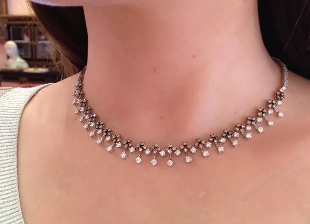 7.11 Carat Total Weight Brown and White Diamond Choker Necklace 18k White Gold For Sale 1