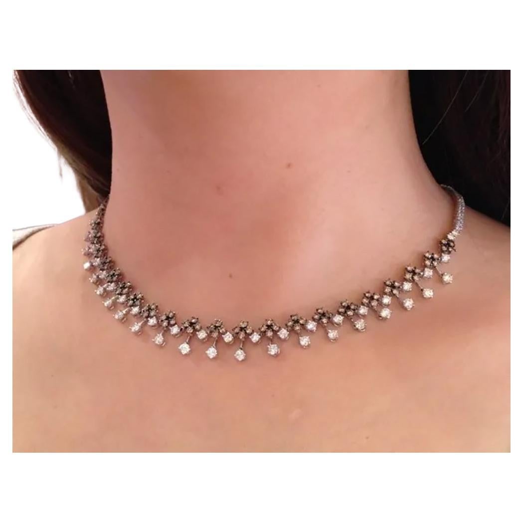 7.11 Carat Total Weight Brown and White Diamond Choker Necklace 18k White Gold For Sale