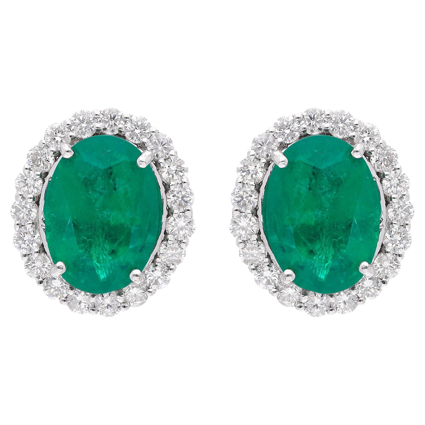 Oval Natural Emerald Gemstone Stud Earrings Diamond 18 Karat White Gold Jewelry