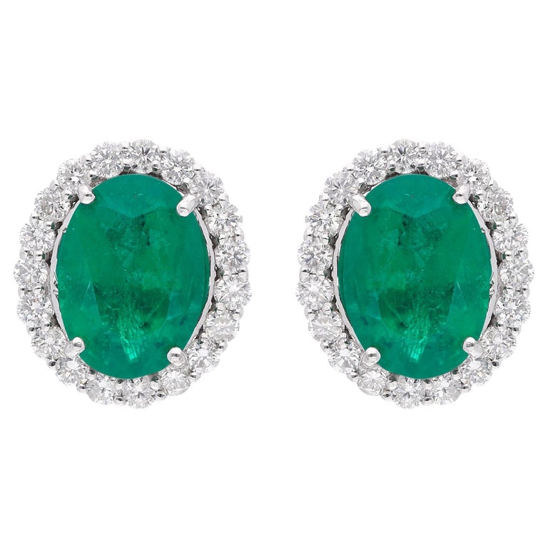 Oval Natural Emerald Gemstone Stud Earrings Diamond 18 Karat White Gold